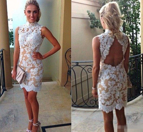 Promotion Vintage Lace Cocktail Dresses High Collar White Lace Champagne Lining Short prom Party Backless Appliques Gowns