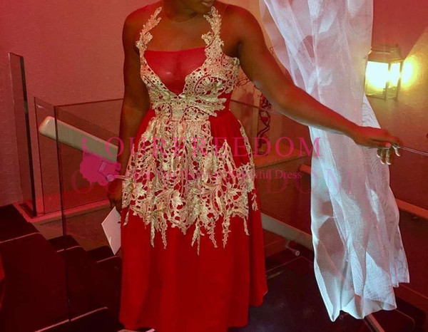 Red Gold Appliques Cocktail Dresses Tea Length Sheer Jewel Neck A Line Formal Party Prom Dresses Custom Made