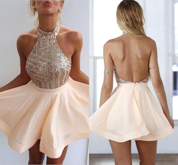 2022Cheapest Blush Peach Halter Neck Homecoming Cocktail Dresses Blingbling Sequins Backless Chiffon A-line Short Prom Evening Gowns CPS507