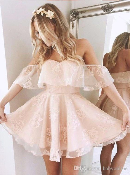 Lovely Off Shoulder Lace Pink Homecoming Dresses Little Short A Line Pleats Mini Cocktail Gowns Backless