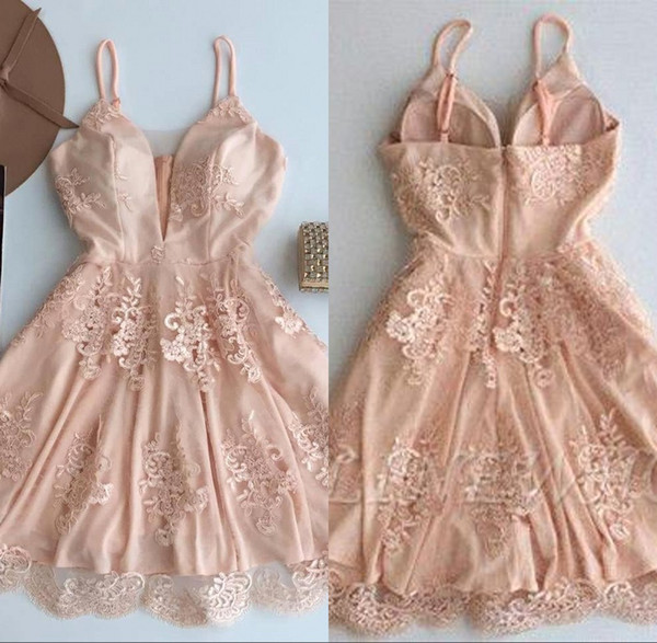 Blush Pink Sexy Cocktail Dresses Spaghetti Lace Appliques Homecoming Dress Short Prom Party Gown BC1730