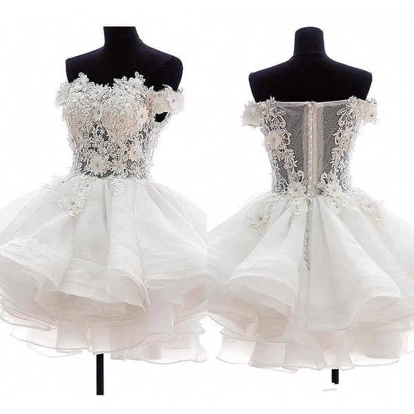 Mini Sexy White Short Cocktail Dresses Strapless Organza 3D Floral Applique Illusion Back Puffy Homecoming Dresses Party Gowns