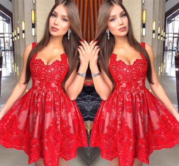 Red Lace Homecoming Dresses New Arabic A Line Spaghetti Straps Short Tulle Prom Cocktail Gowns Evening Dress BC0014