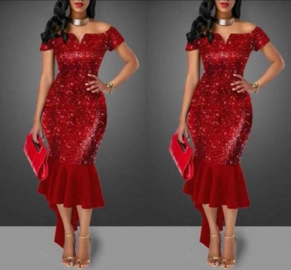 Sexy Red Sheath Prom Evening Cocktail Dresses off shoulder Neckline Sleeveless New Year Celebrity Mermaid Party Gowns