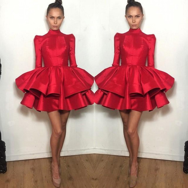 Fashion Short Graduation Dresses Red With Long Sleeve Tiered Ruffled Michael Costello Mini Prom Dress Girls Homecoming Cocktail Dress