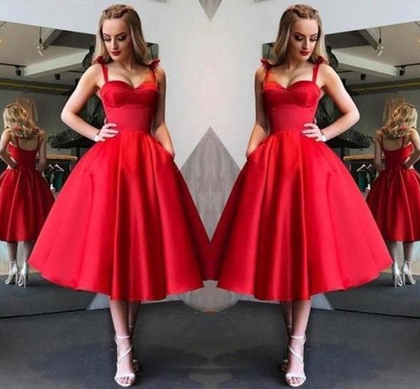 Modest Knee Length Red Cocktail Dress Sexy Spaghetti Strap A Line Ruffles Short Homecoming Prom Gowns With Lace-up Back BC1945