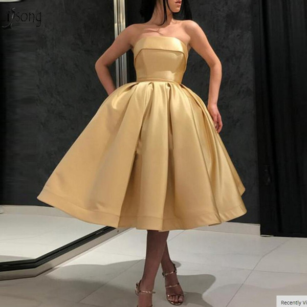 Simple Puffy Tea Length Cocktail Dresses Cheap Light Gold Off Shoulder Prom Gowns Plus Size Sexy Homecoming Dresses