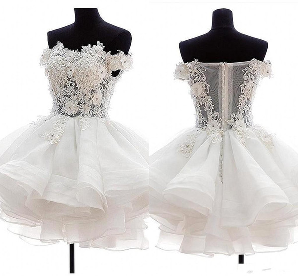 White Off Shoulder Cocktail Dresses Floral Lace Appliques Covered Button Back Ruffles Homecoming Dress Short Party Gown