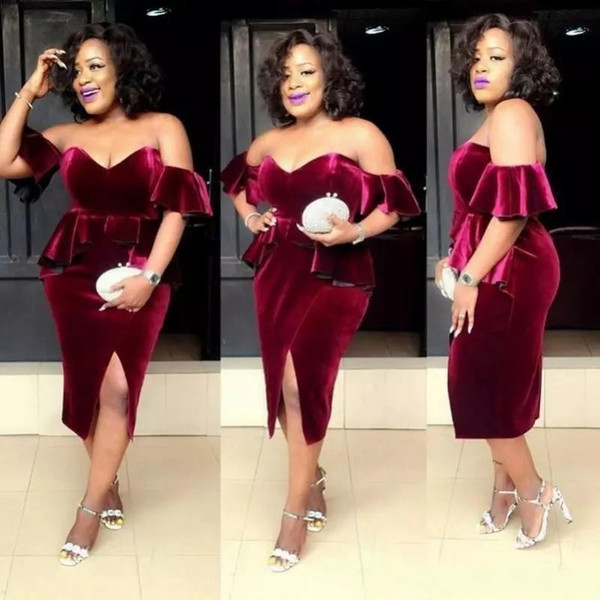 African Burgundy Velvet Short Cocktail Dresses Sexy Off Shoulder Side Split Plus Size Prom Dress Formal Celebrity Party Gowns