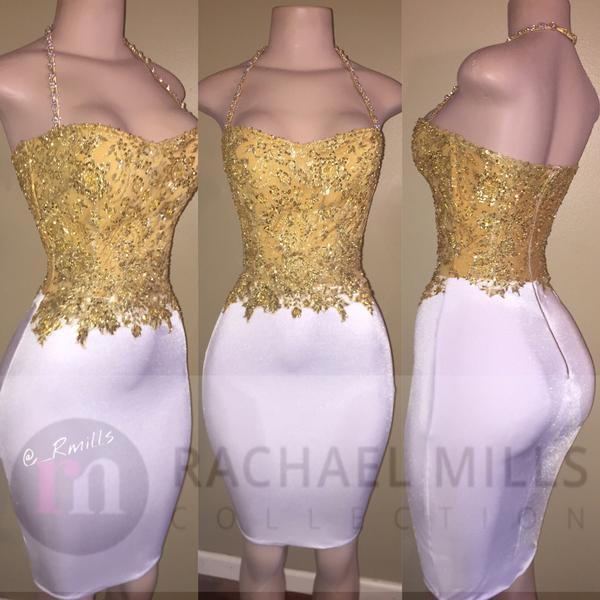 Newest Gold Beads White Bodycon Short Mini Fitted Prom Party Dress Halter Sleeveless Zipper Cocktail Celebrity Gown BA6414