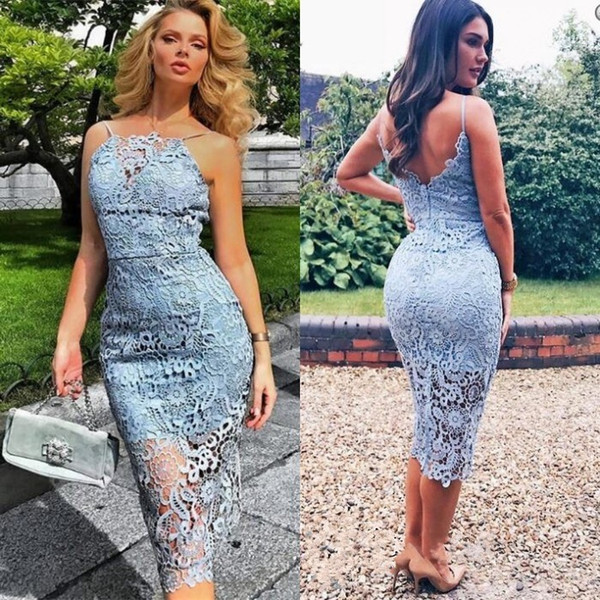 Light Blue Lace Cocktail Dress Sheath Mini Tea Length Prom Evening Gowns Holiday Dress Summer Beach Backless Vestidos