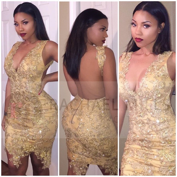 Gold Mini Sheath Cocktail Dresses Sexy Open Back Deep V Neck Short Club Party Celebrity Gowns with Appliques Beaded Sequins