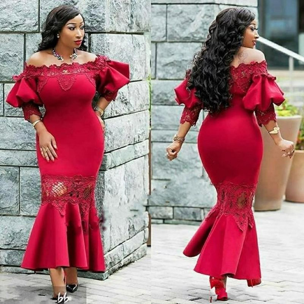 African Arabic Tea Length Mermaid Cocktail Dresses Red Elegant Off Shoulders Applique Puffy Short Sleeves Prom Evening Gowns