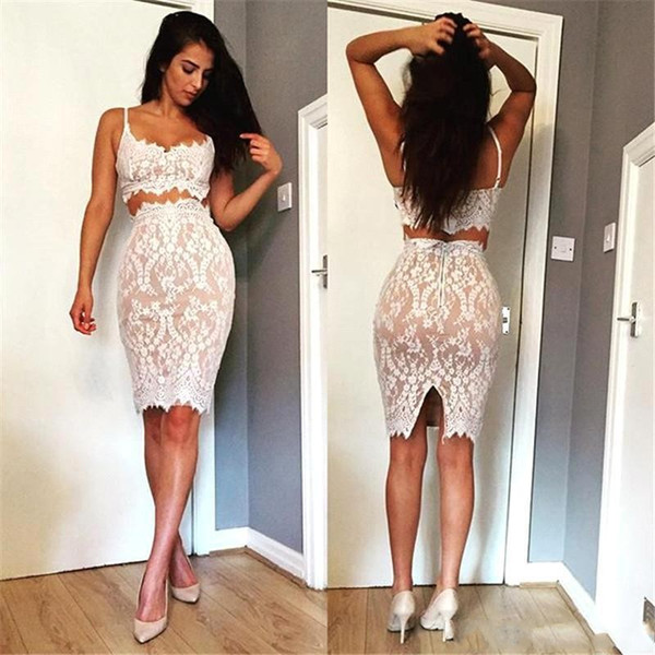 Sexy Short Sheath Cocktail Dresses Spaghetti Straps Lace Two Pieces Prom Dresses Women Evening Party Gowns BA8335