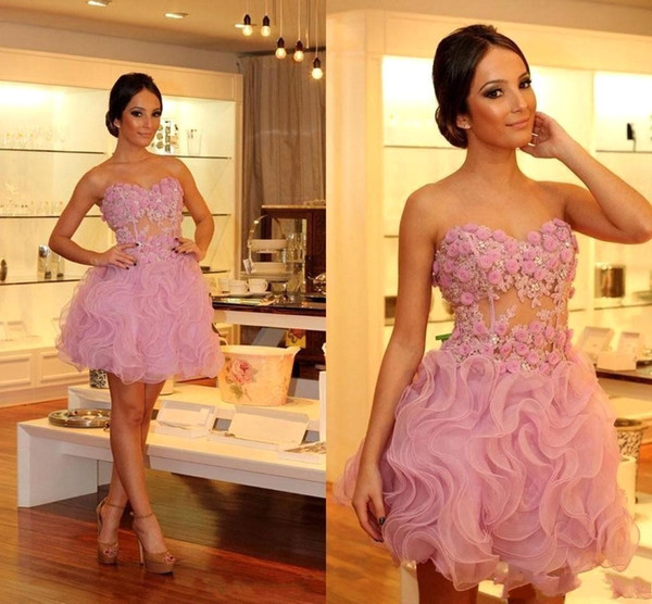 Graceful Pink Short Cocktail Dresses Hand-made Flowers Appliques Sweetheart Party Dress Ruffles Organza Mini Homecoming Prom Dress BA9281