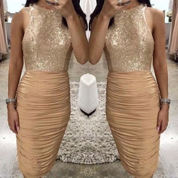 Champagne Gold Sheath Cocktail Dresses Bling Sequins Top Pleats Knee Length Short Prom Evening Gowns Club Wears