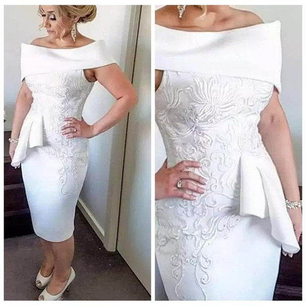 Stunning Embroidery Appliqued White Mini Short Cocktail Dress Sheath Off-shoulder Peplum Knee Length Prom Evening Gowns Mother Dress