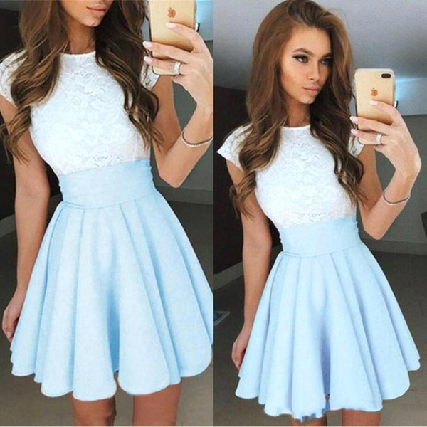 New Light Sky Blue Lace Graduation Short Prom dresses Bateau Neck Satin Ruched Mini Homecoming Party Cocktail Dress BC1646