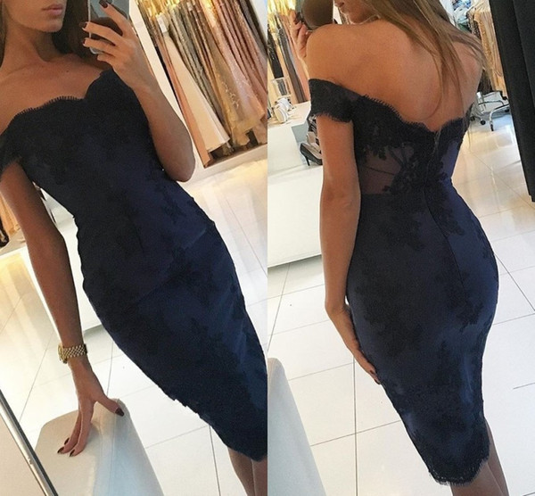 Elegant Navy Blue Mermaid Sheath Cocktail Dresses Elegant Off Shoulders Lace Appliques Backless Knee Length Prom Gowns Mother Dress