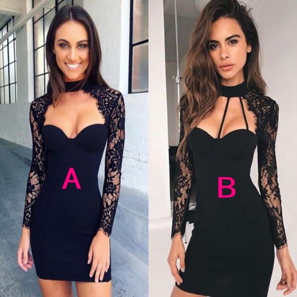 Cheap Little Black Cocktail Dresses Sheath Keyhole High Neck Lace Illusion Long sleeves Mini Short Club Dress Sweet 16 Graduation Gowns