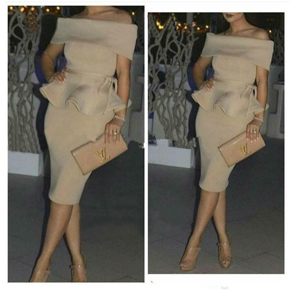 Champagne Satin Dubai Arabic Short Cocktail Party Dresses Elegant Off Shoulder with Peplum Knee Length Prom Dress Middle East Formal Gowns