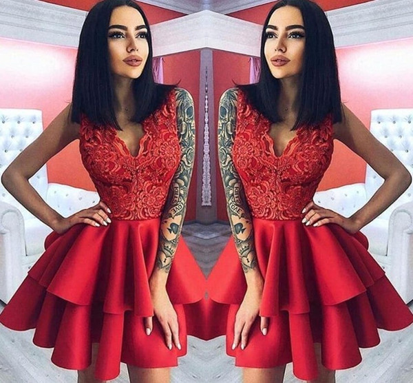 Layer Ruffles Red Short Cocktail Dresses A Line V Neck Appliques Top Knee Length Homecoming Gowns Prom Evening Dress