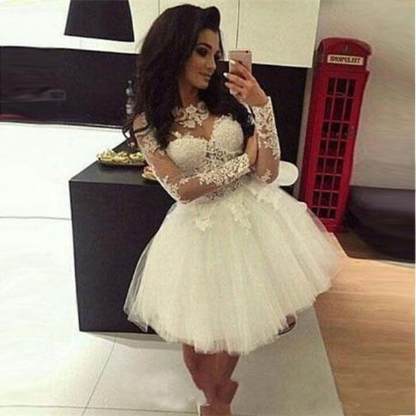 White Ball Gown Cocktail Homecoming Dresses Long Sleeves Sheer Neck Sweet 16 Dresses Pageant Prom Dresses Mini Short Graduation Dress