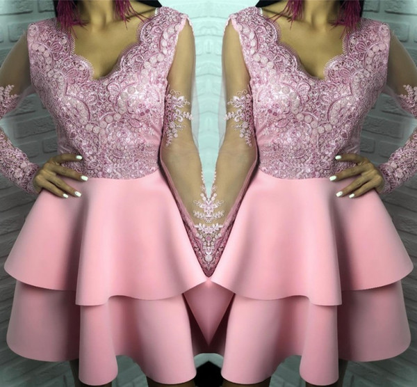 Pink Cocktail Dresses Sheer Appliques Long Sleeves V-neck Ruffles Knee Length Short Homecoming Party Gowns Prom Dress