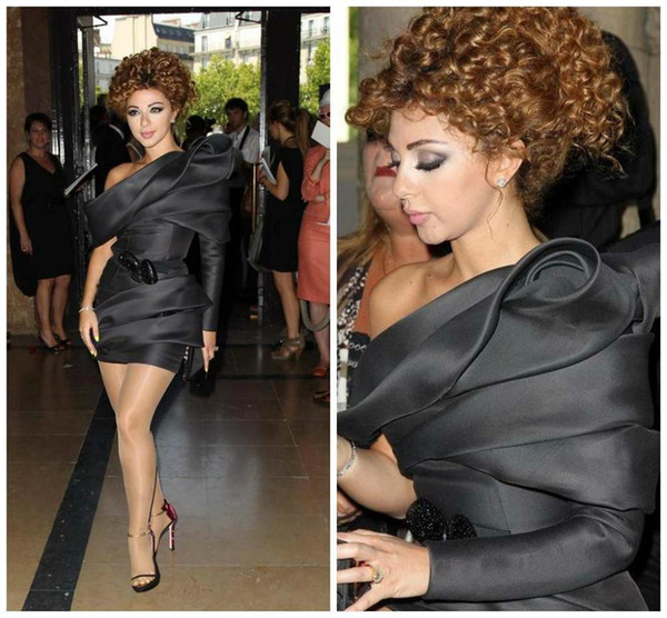 Popular Arabic Myriam Fares Black Cocktail Dresses Celebrity Dress Sheath One Shoulder Pleats Mini Short Party Pageant Gowns