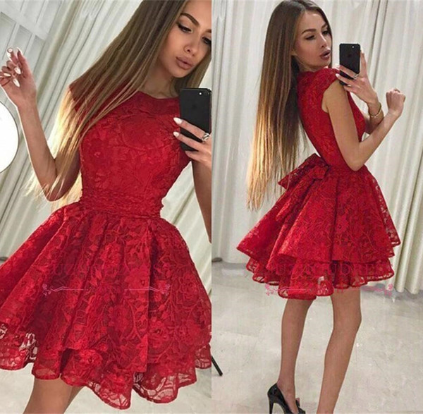 Cheap Red Lace Jewel Short Homecoming Dresses Summer A Line With Sash Cocktail Gowns Plus Size Custom Made Party Prom Dresses