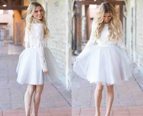 Modest Short Cocktail Dresses Jewel Knee Length Tulle Lace Long Sleeve Celebrity Dresses Party Evening Wear