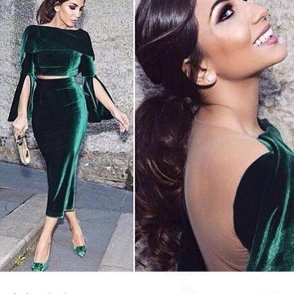 Winter Two Pieces Robe Dubai Velvet Formal Cocktail Dresses Short Formal Gowns Tea-Length Arabic vestido Party Evening Wear