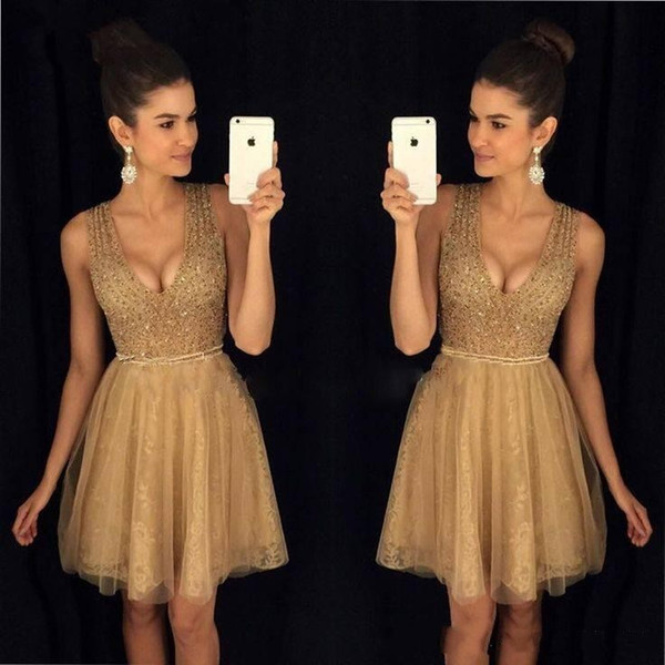 Gold Little Short Homecoming Dresses Crystals Beaded Top A Line Scoop Neckline Tulle Lace Short Prom Cocktail Party Cheap Gowns DTJ