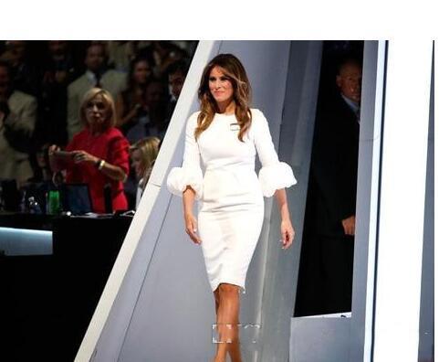 Sheath Melania Trump Little White Dresses Celebrity Dresses Baloon Sleeves Knee Length Customized Cocktail Dresses