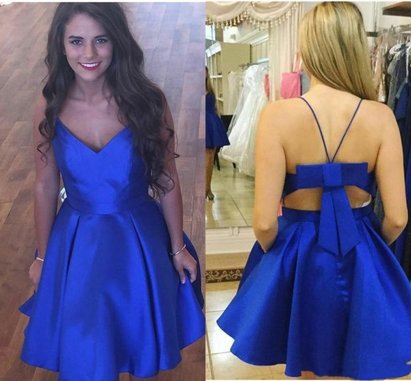 Royal Blue Cheap Homecoming Party Dresses V neck Bow Back Design Satin A line Bows Short Prom Graduation Cocktail Dress Gowns New