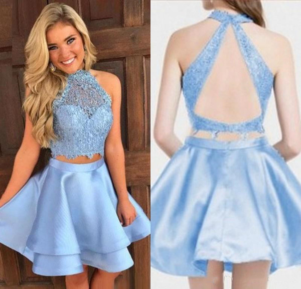 Blue Two Pieces Short Cocktail Dresses With Lace Halter A Line Knee Length Formal Special Occasion Homecoming Party Dresses