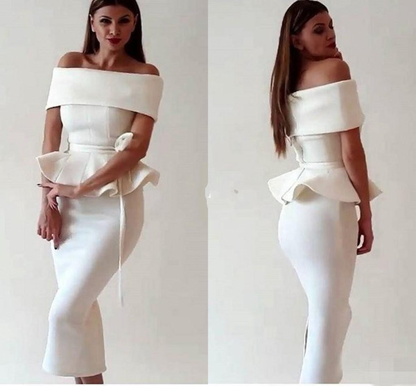 White Mermaid Cocktail Dresses Arabic Dubai Off Shoulder Tea Length Back Slit Evening Occasion Gowns Formmal Dresses Party Prom Wears