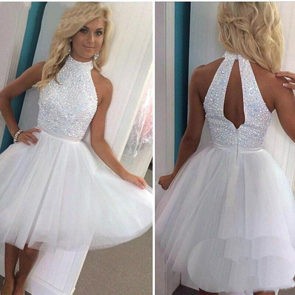 Hot Sale Crystal Beaded White Cocktail Dresses A-Line High Neck Tulle Short Special Occasion Prom robes de soirée