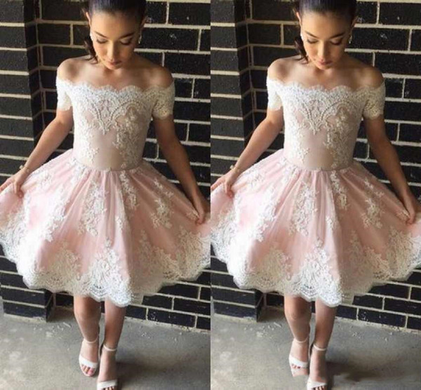 Cheap Cocktail Dresses White Lace Appliques Off Shoulder Party Formal Prom Dresses Short Sleeves Gowns