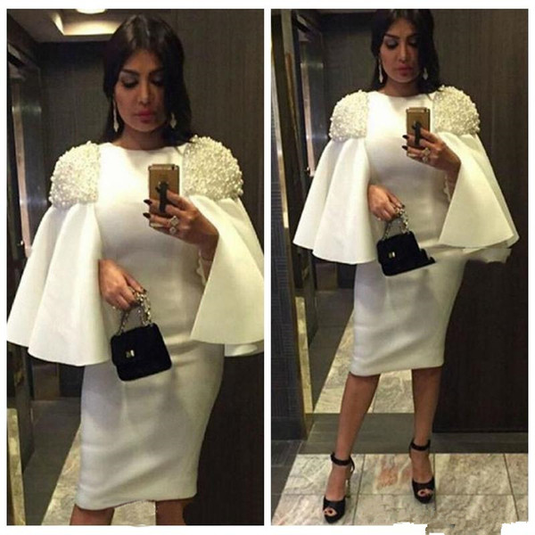 Robe De Cocktail white Dubai Cheap Party Dresses Arabic Women beading short sleeves Straight Short Prom Dress Middle East Formal Gowns