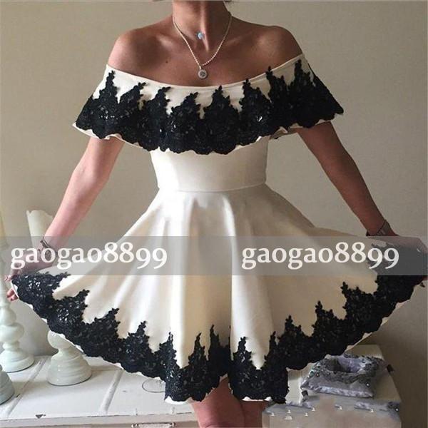 Short Cocktail Dresses A Line Off Shoulder Mini Length Homecoming Party Dresses With Black Lace Applique Backless Formal Dresses