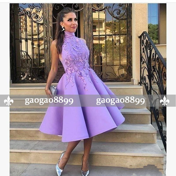 High Quality Formal Dresses Cocktail Dresses High Neck A Line Party Gowns vestidos Knee Length Appliqued Prom Dresses