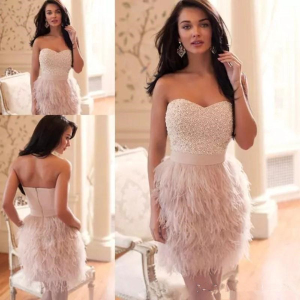 New Fashion Sexy Cocktail Party Gowns with Feathers Short Prom Dresses Sweetheart Zipper Back Maid of Honor Dress