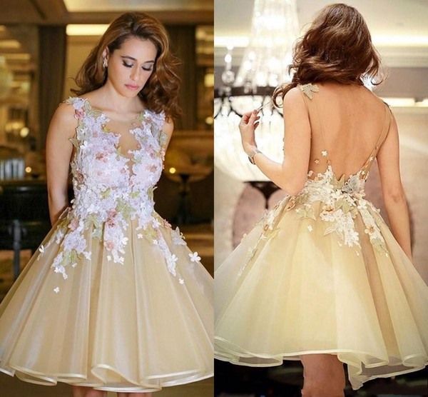 Sexy Homecoming Jewel Open Back Hand Made Flower Mini Cocktail Prom Dresses Robe De Retour Graduation Dress for Party Wear DTJ