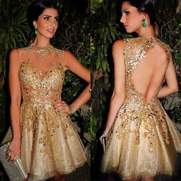 Sexy formal Cocktail Dresses Lace Appliqued Mini Jewel A Line Keyhole Backless Charming Prom Homecoming Graduation Gowns