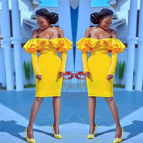 Sexy Yellow Knee Length Cocktail Party Dresses Plus Size Off Shoulder Long Sleeves African Arabic Formal Evening celebrity Gowns