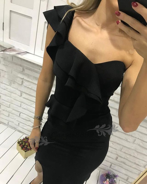 Cheap Elegant black Tea Length Cocktail Dresses ruffles one shoulder Sheath split short formal Party Evening prom Gowns