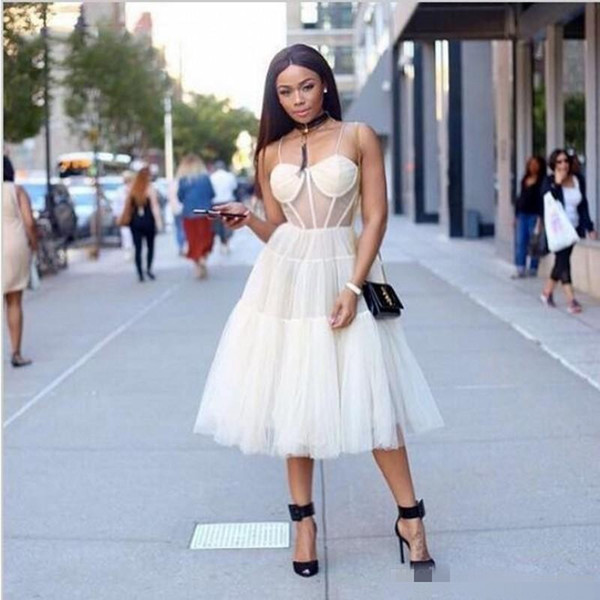 South African Short Cocktail Dresses Prom Wear Bodice Sheer Neck Tulle Evening Gowns Tea Length Layers Formal Party Dress