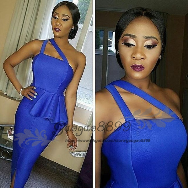 Cheap Elegant Nigerian one shoulder ankle Length Cocktail Dresses with Peplum Sheath front Split royal blue arab formal Party Evening Gowns