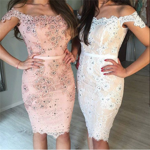 2017 Sexy Lace Cocktail Dresses Off Shoulder Pink,White nude Applique with Sequins Party Dress Zipper Back Cheap Prom Gowns 2017 New Arrival